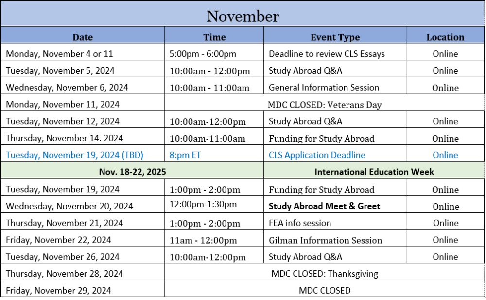 November Calendar 2024